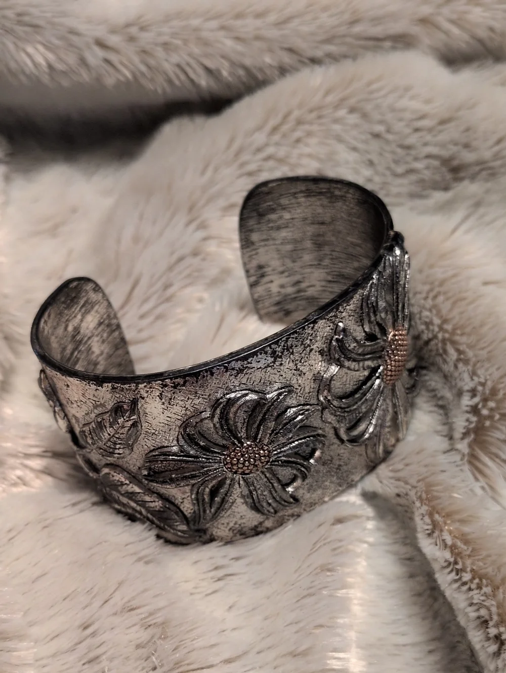 Heavy Vintage Mixed Metal Wide Daisy Flower Statement Cuff Bracelet